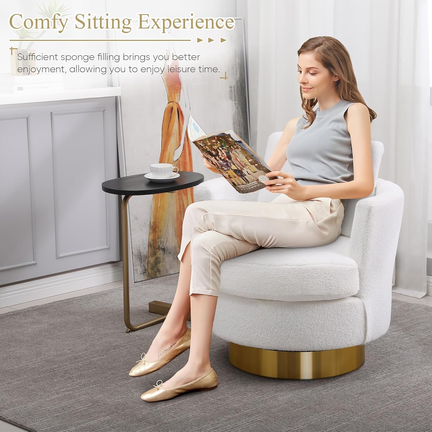 Silla giratoria tapizada, cómoda silla decorativa con almohada lumbar, silla redonda giratoria de 360, moderna silla de sherpa para guardería, sala