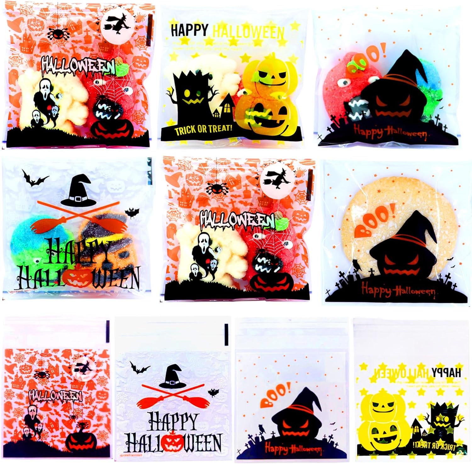 MOLIDA 300 bolsas de dulces de celofán de Halloween, bolsas transparentes para dulces de galletas con adhesivo Sslf para suministros de fiesta de