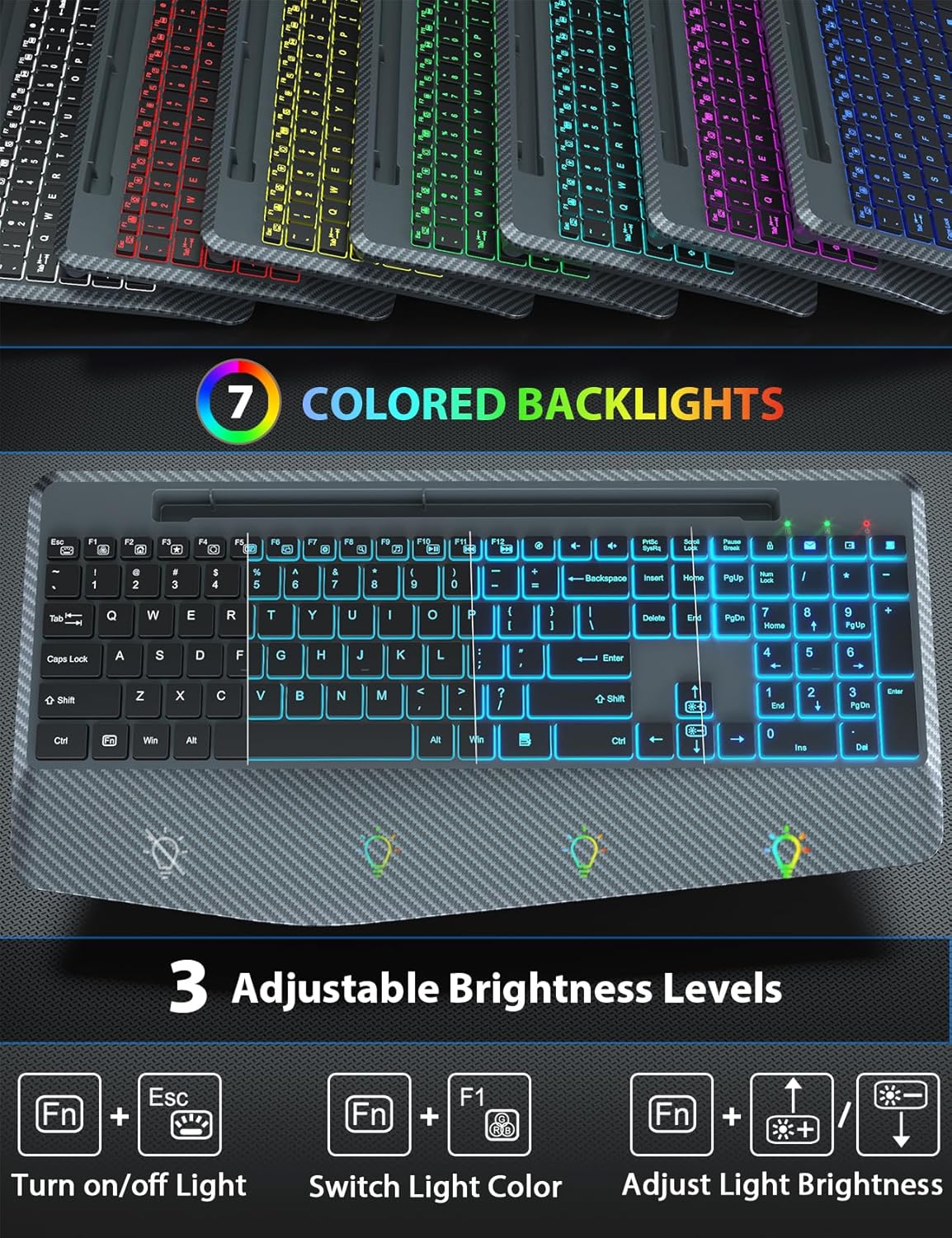 Retroiluminación inalámbrica para teclado y mouse, reposamuñecas, mouse Jiggler, teclado ergonómico recargable con soporte para teléfono, combo de