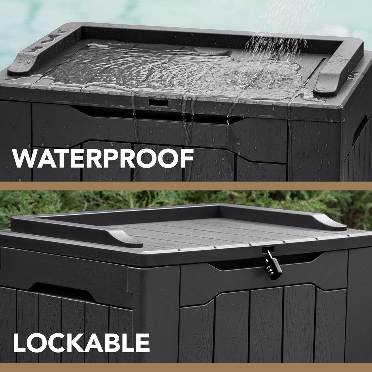 Devoko Caja de resina de 30 galones para interiores y exteriores, caja de almacenamiento impermeable para patio, piscina, accesorios de