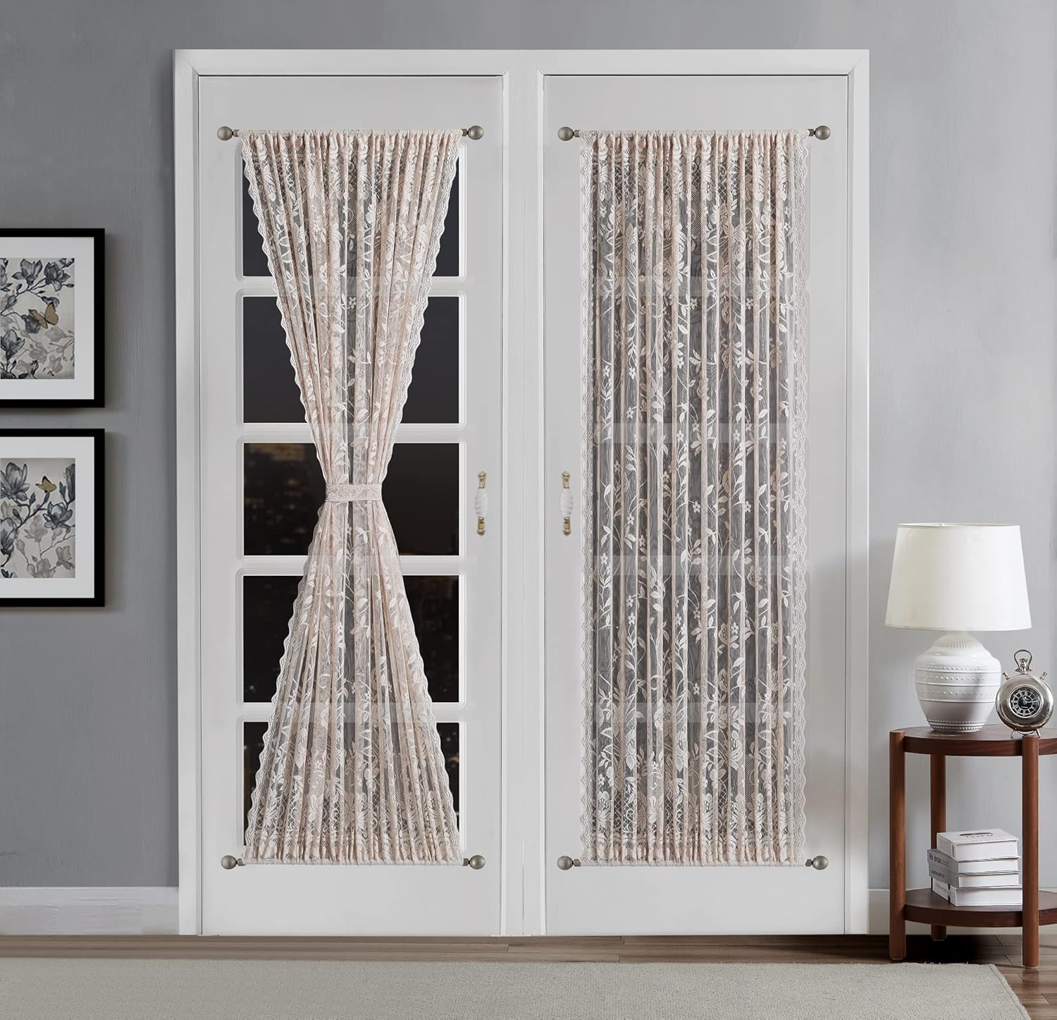 LinenZone Cortinas de lino dorado para puerta francesa con elegante diseño floral. Cada par de 2 cortinas de 52 x 72 pulgadas de largo vienen con 2