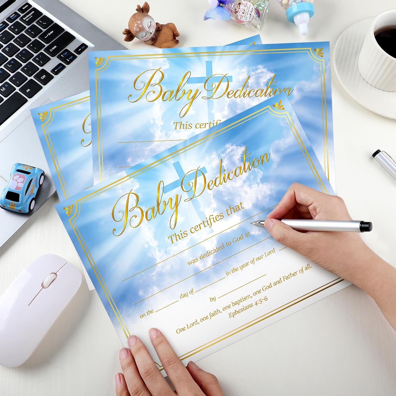 Qilery 100 certificados de dedicación para bebés, certificados de bautismo recubiertos a todo color para regalos de bautizo de iglesia y bebé (cruz