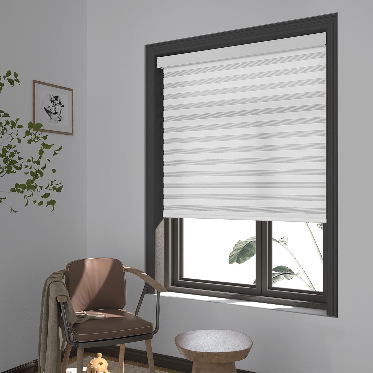 Boolegon Persianas de cebra con cable para ventanas, persianas de doble capa para día y noche, control de luz transparente o de privacidad,