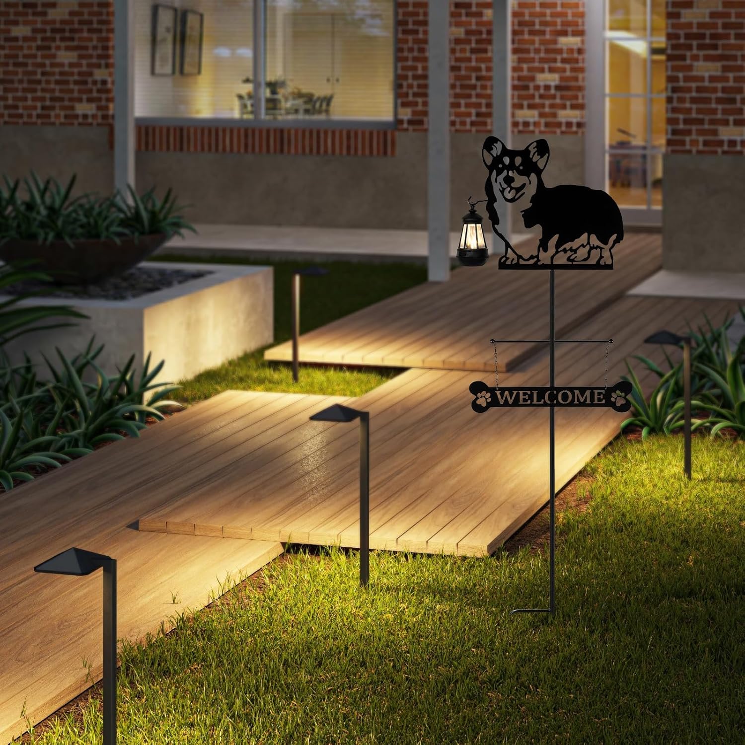 Letrero de bienvenida de perro con silueta solar de 51 pulgadas con linterna, decoración de Corgi para exteriores, para jardín, patio, césped,