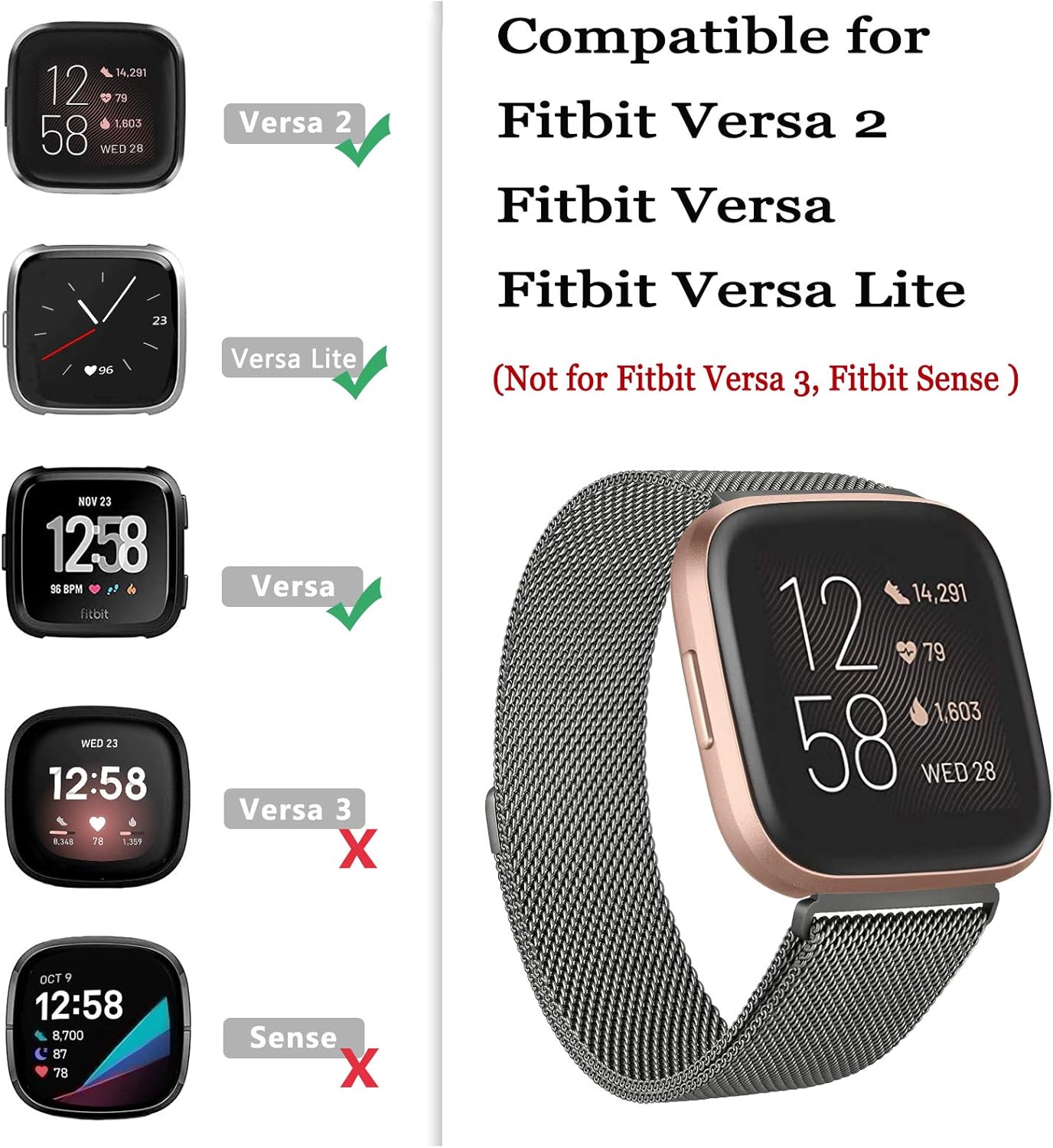 Amzpas – Bandas compatibles con Fitbit Versa 2  Fitbit Versa SEFitbit Versa LiteFitbit Versa, correas de malla de acero inoxidable transpirable