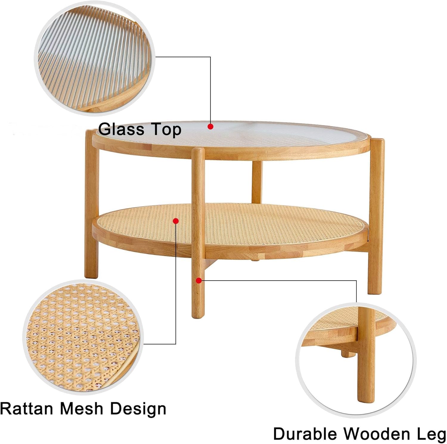 Mesa de centro de ratán circular moderna para escritorio de cristal de doble capa, mesa auxiliar redonda pequeña para sala de estar, comedor y