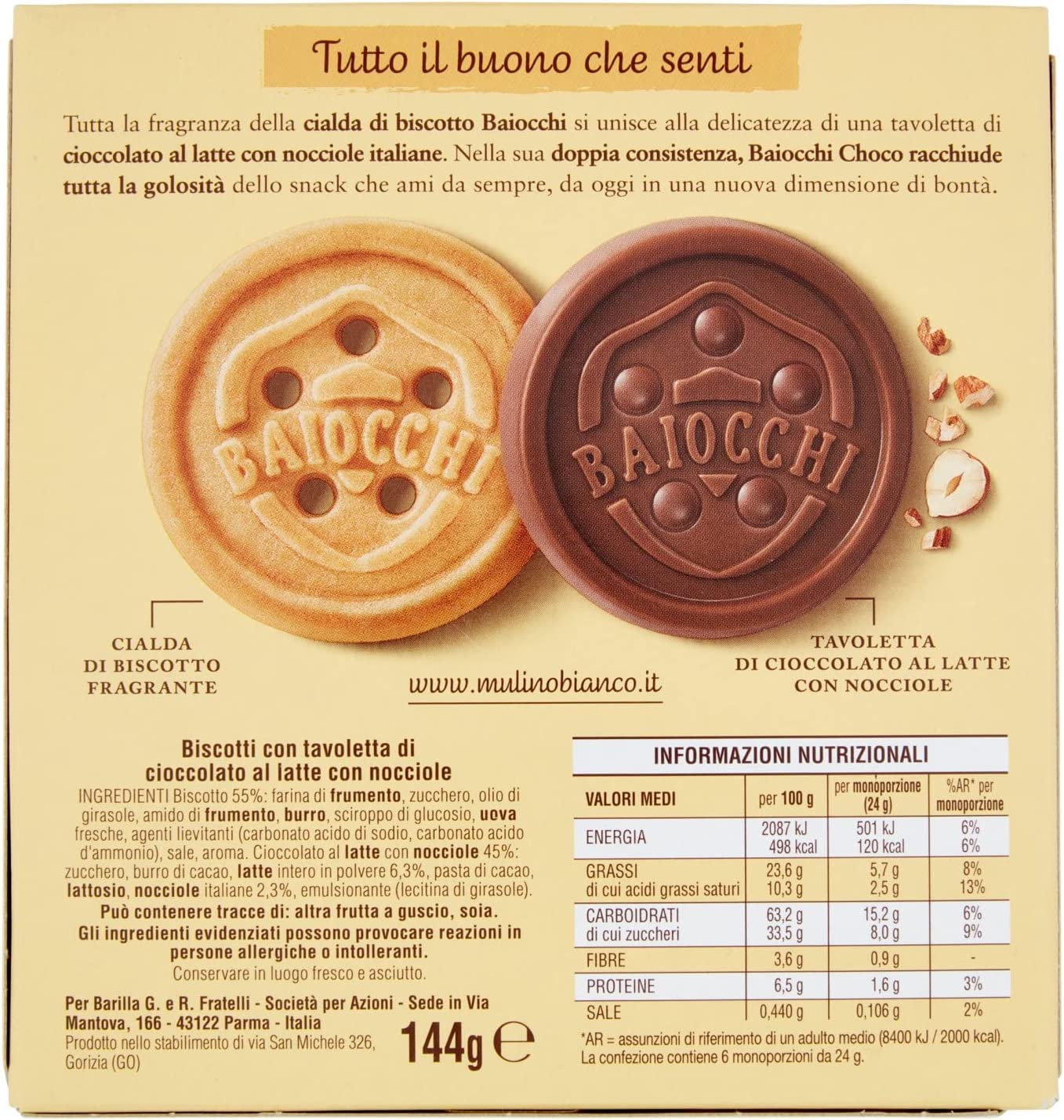 3x Mulino Bianco Baiocchi choco biscotti al cioccolato, frollini e tavolette di cioccolato al latte con nocciole, ottimi come merenda 5.08 oz