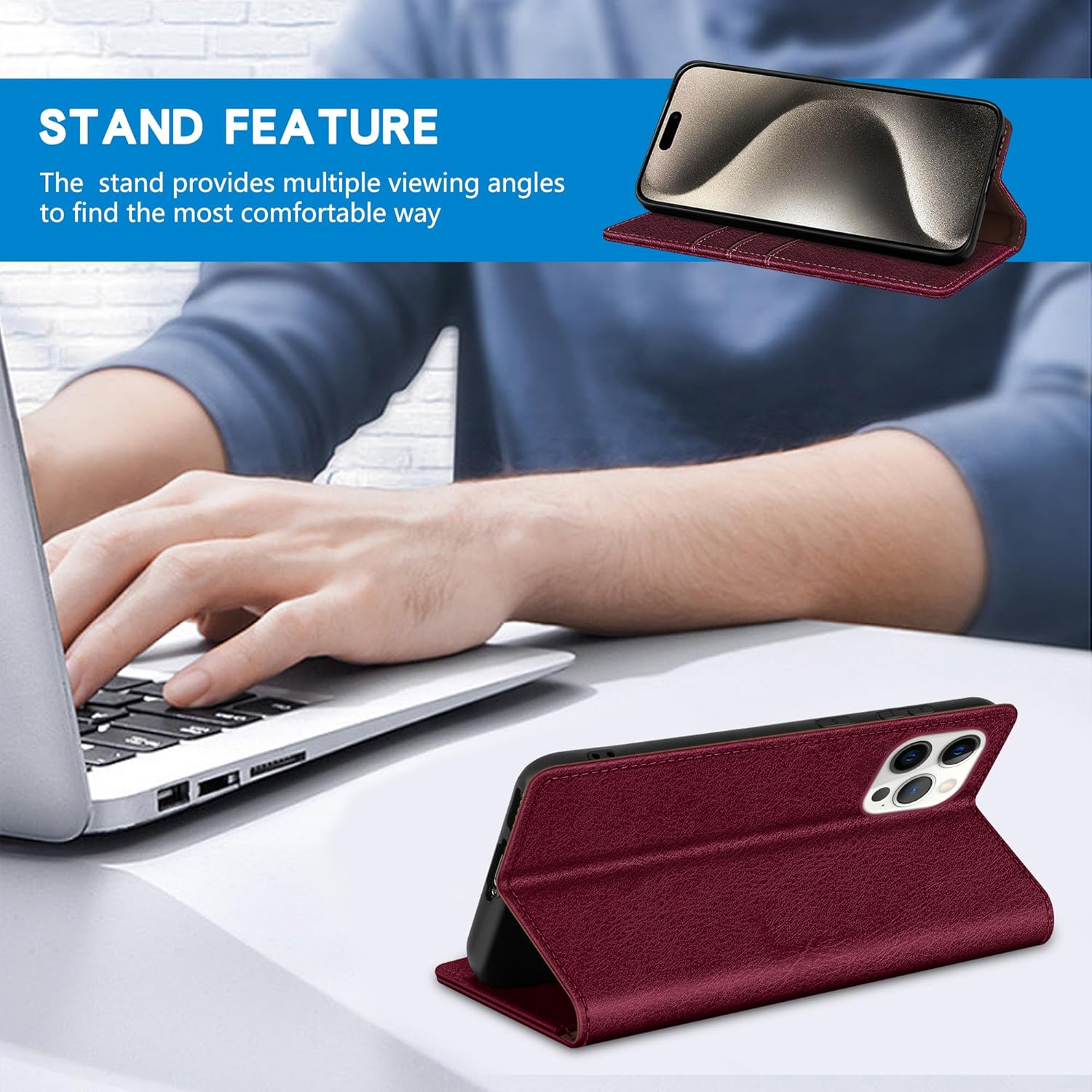 ZZXX Funda tipo cartera para iPhone 15 Pro Max con bloqueo RFID, soporte de ranura para tarjetas, funda protectora de cuero magnético fuerte para