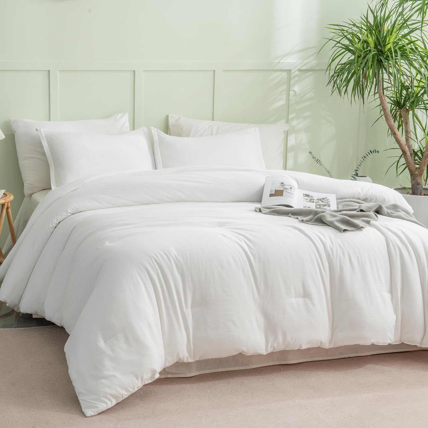 Andency Juego de edredón blanco tamaño matrimonial, juego de edredón bohemio para cama de tamaño matrimonial, juego de ropa de cama de 3 piezas