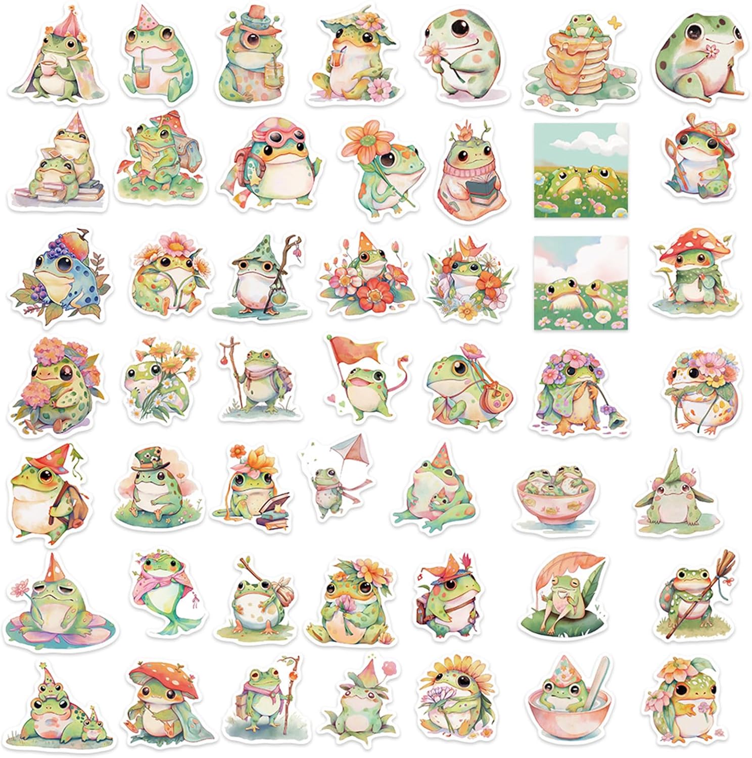 Calcomanías de ranas lindas calcomanías de animales kawaii, 50 unidades para niños y adultos, calcomanías de dibujos animados para botellas de agua,