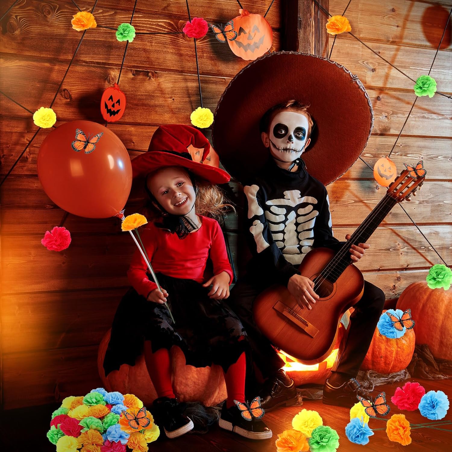100 piezas de decoración del Día de los Muertos, flores artificiales de caléndula de seda con tallos, mariposas monarca falsas para Diwali Dia De