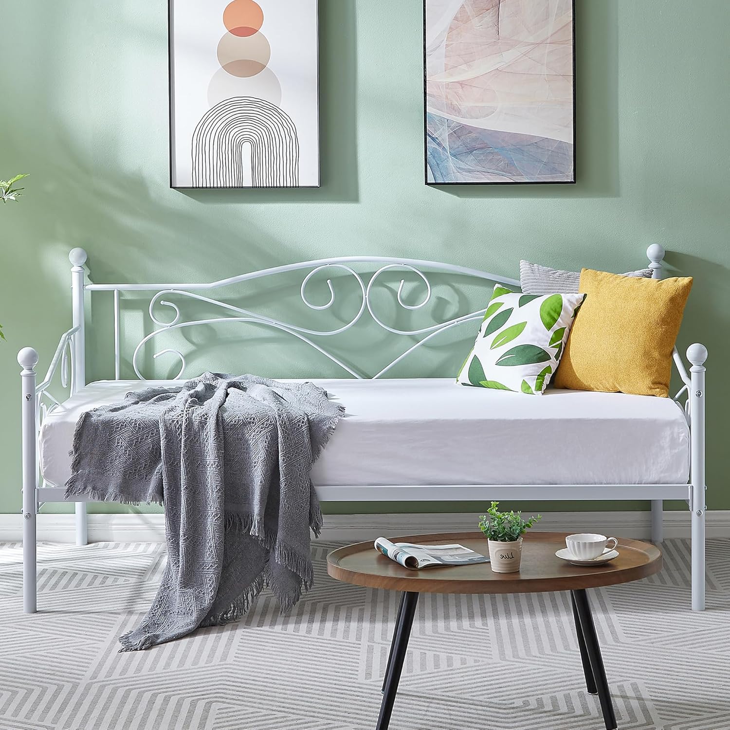 VECELO Sofá cama, marco de cama de metal individual con cabecero, listones de acero resistente para sala de estar, dormitorio, habitación de