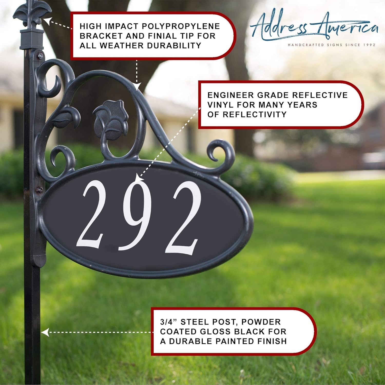 Letrero de dirección de casa 911 hecho a mano de Estados Unidos para patio, placa de dirección hecha a medida, aspecto de hierro forjado (poste de