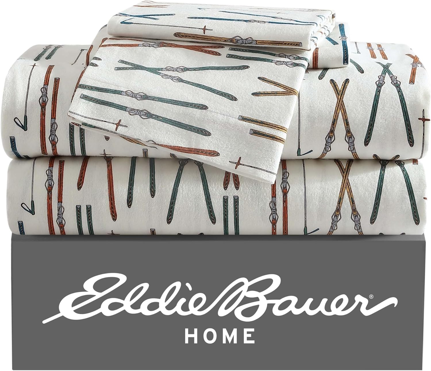 Eddie Bauer – Juego de sábanas de tamaño Queen, de franela de algodón, cepillado para mayor suavidad, acogedora decoración para el hogar (Ski Line,