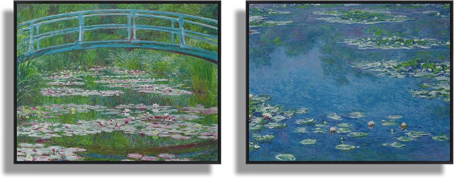 Simulación de impresión 3D textura pintada a mano sobre lienzo pintura Claude Monet Water Lilies The Japanese Footbridge Front Load Frame 13×18″