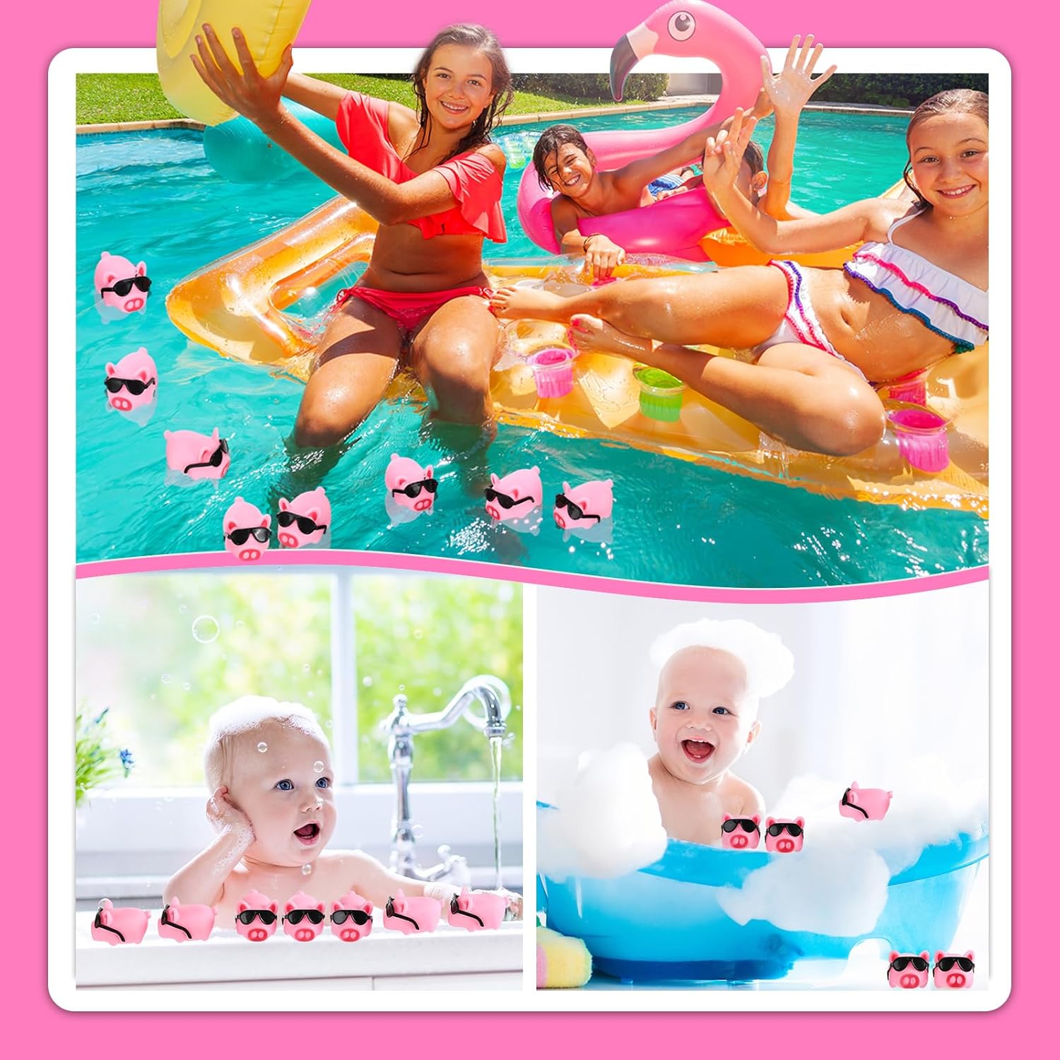 Liliful Mini juguete de baño de cerdo de goma con gafas de sol, juguetes de cerdo flotante y chirriante, juguete de cerdo rosa, juguetes de bañera