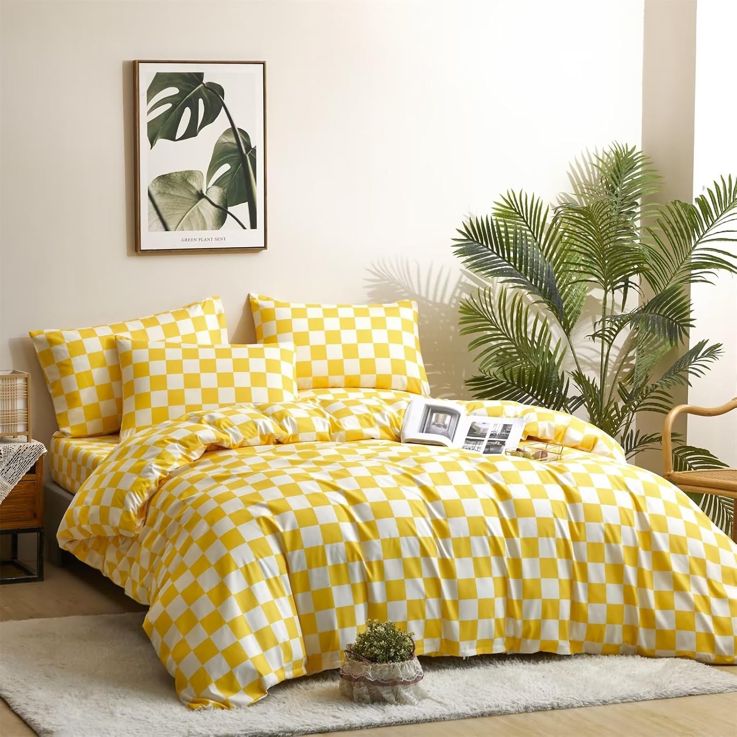 Cottonight Juego de edredón amarillo tamaño Queen, juego de ropa de cama a cuadros con patrón de cuadros amarillo brillante y blanco, edredón suave