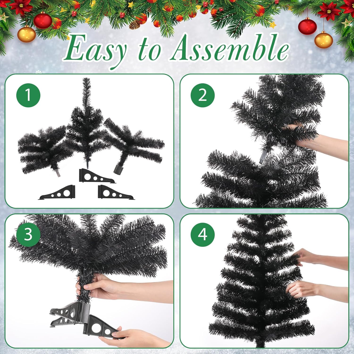 Árbol de Navidad artificial negro de 3 pies, pino de Navidad de mesa con base de soporte de PVC para Navidad, Halloween, hogar, oficina, decoración