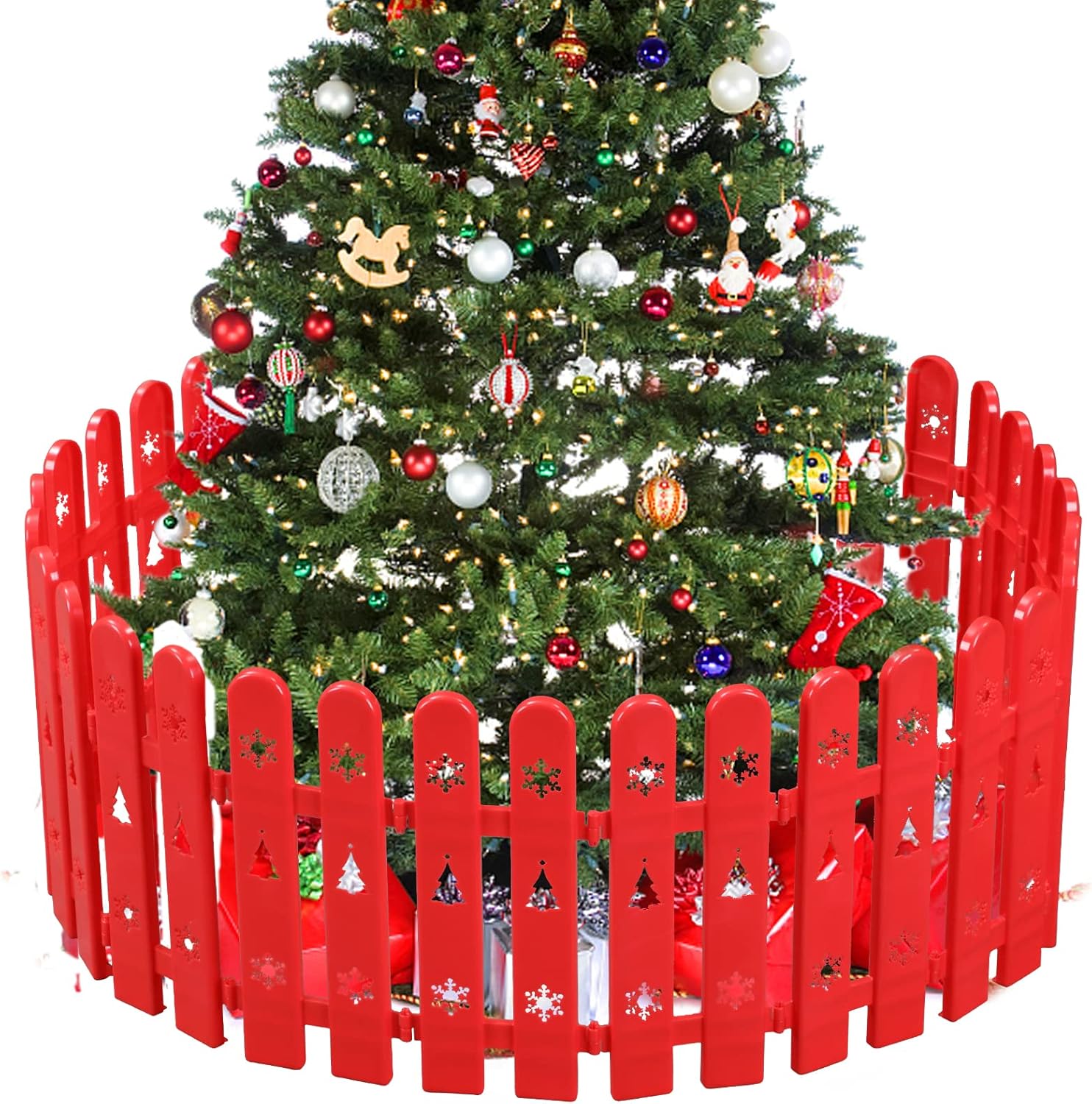 Decoración de cercas para árbol de Navidad, 24 piezas de valla de plástico rojo para puerta del árbol de Navidad, borde de valla de árbol de
