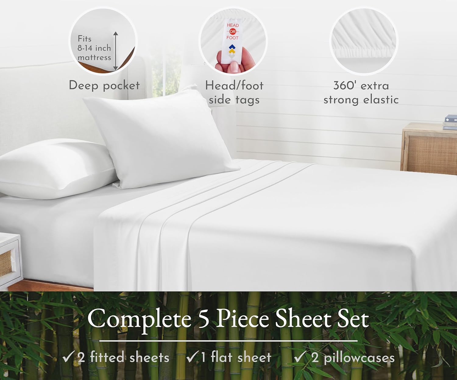 California Design Den Juego de sábanas de rayón de bambú Split King, juego de sábanas de 5 piezas para cama ajustable, incluye 2 sábanas bajeras de