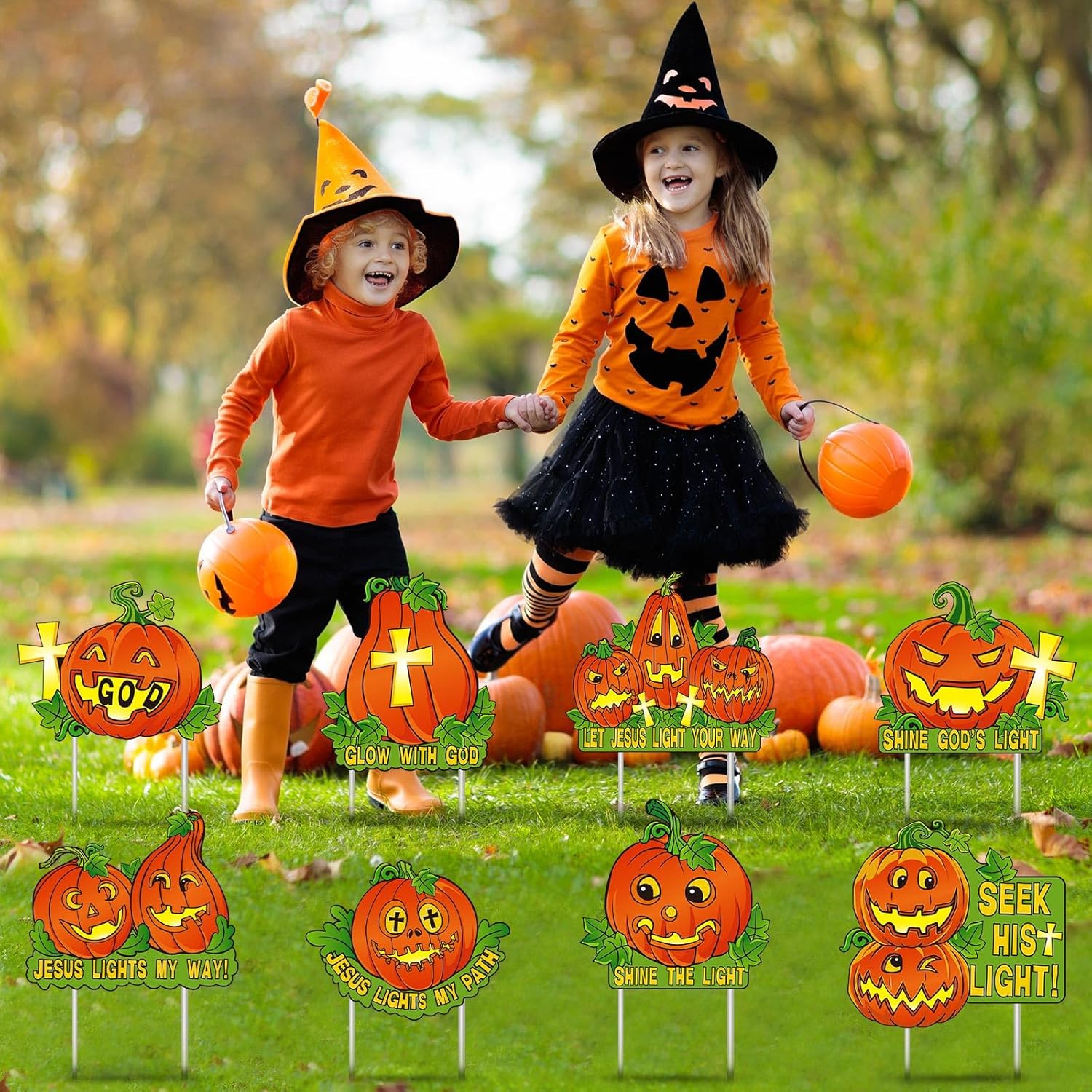 8 letreros luminosos de calabaza cristiana para jardín con estacas que brillan en la oscuridad para Halloween, espeluznante calabaza, césped,