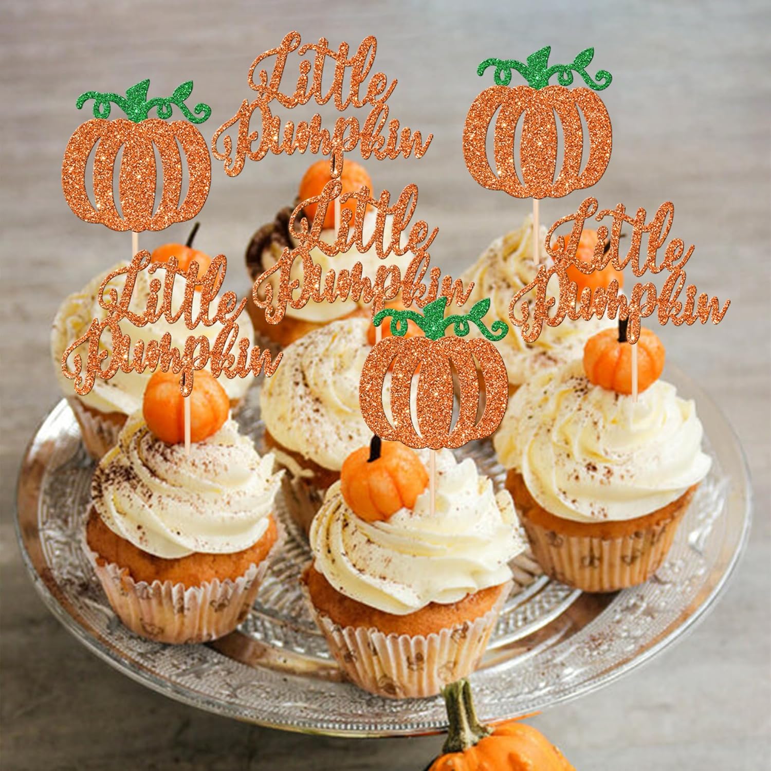 24 adornos para cupcakes de calabaza con purpurina para baby shower, temática de otoño, decoración de cupcakes de calabaza para cosecha de Acción de