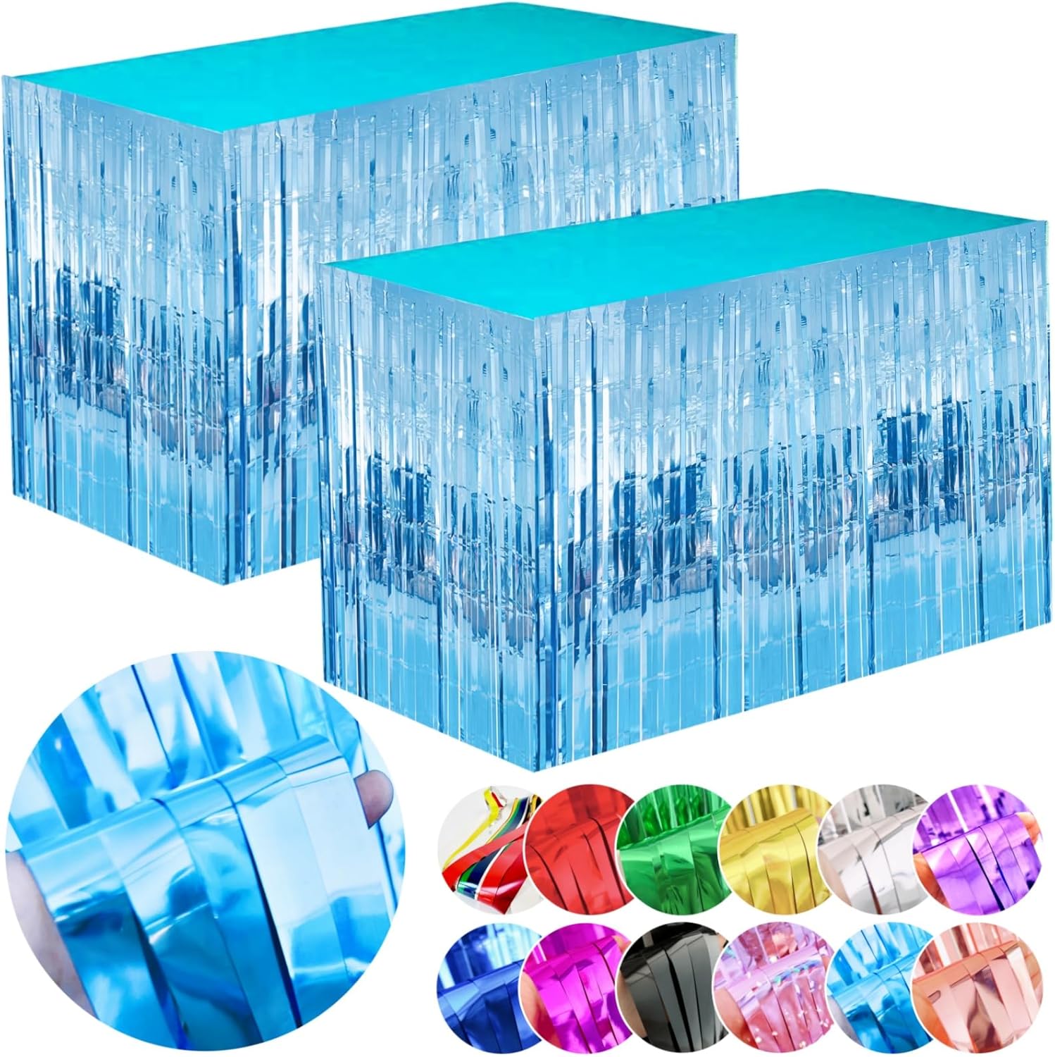Paquete de 2 guirnaldas de falda de mesa con flecos de papel de aluminio azul claro amplio, decoración de fiesta para cumpleaños, niños, océano bajo