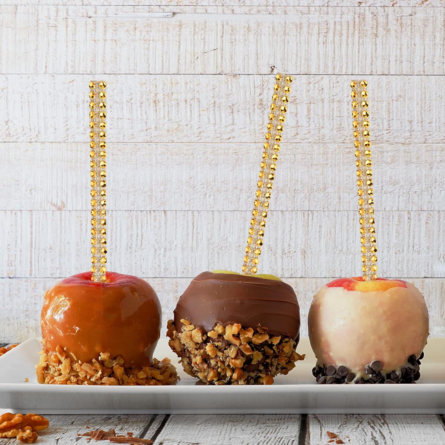 ASTARON Paquete de 24 palitos y bolsas de manzana con purpurina, kit de manzana de caramelo que incluye palito de manzana de caramelo, cinta y
