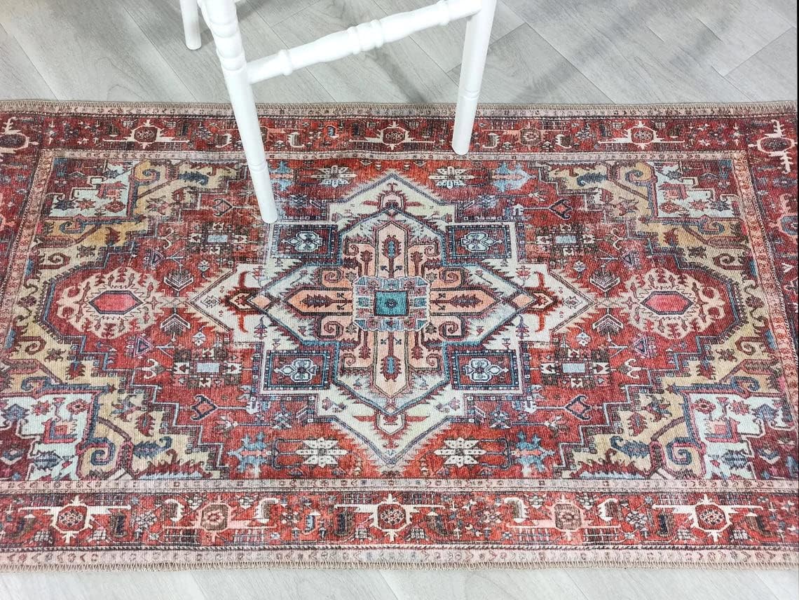 Fame Rugs Alfombras vintage bohemias para sala de estar, dormitorio, rojo apagado, 2 pies 4 pulgadas x 9 pies 8 pulgadas
