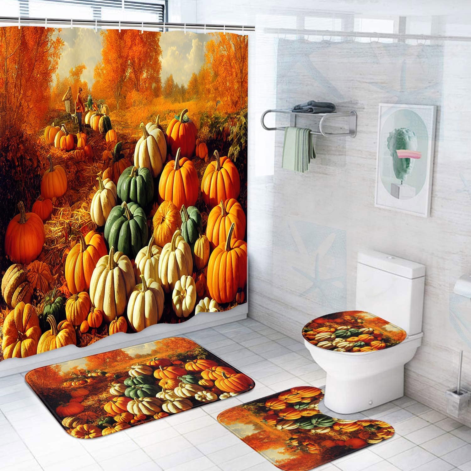 ArtSocket Juego de cortina de ducha de otoño Batheoom con alfombras, juego de baño naranja con alfombra antideslizante, cubierta de tapa de inodoro,