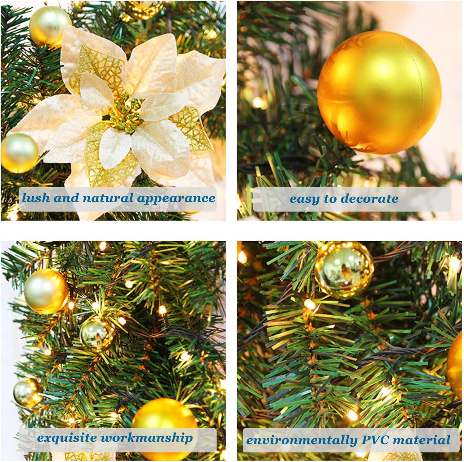 Guirnalda de Navidad de 9 pies, flores artificiales preiluminadas, decoración de guirnalda de Navidad, guirnalda de Navidad a pilas con luces para