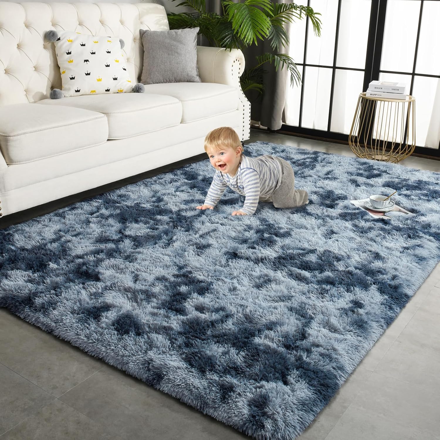 TWINNIS Alfombras grandes de pelo largo de 6 x 9 pulgadas para sala de estar, dormitorio, teñido anudado azul y gris, alfombras de felpa súper