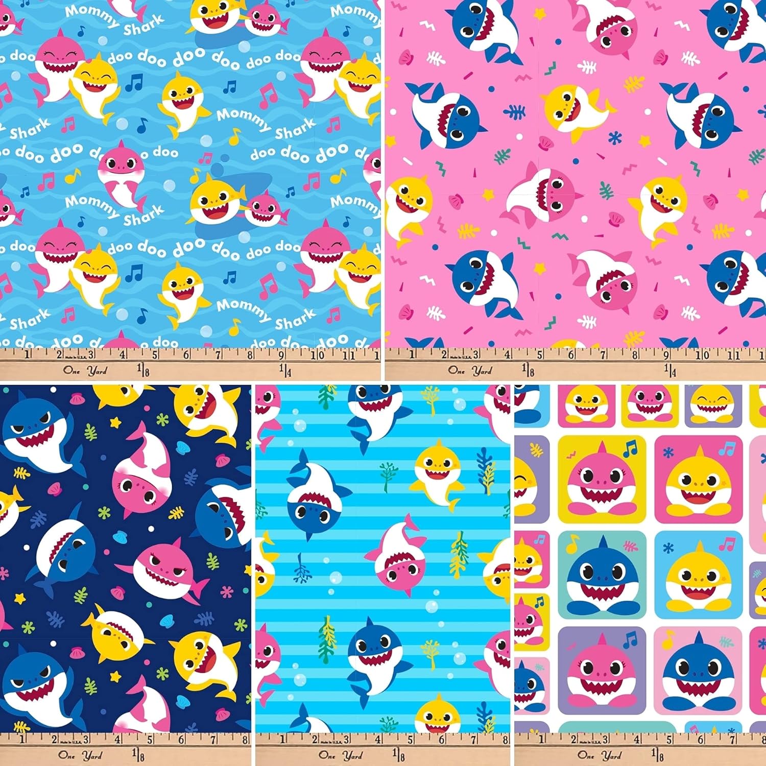Baby Shark – Paquete de 5 piezas de tela de algodón Fat Quarter, por Nickelodeon Presentado por David Textiles