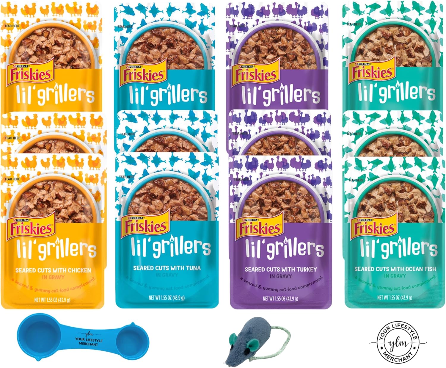 Friskies Lil’ Grillers – Paquete variado de pollo, atún chamuscado, pescado marino chamuscado, pavo chamuscado en salsa3 bolsas de cada sabor, 12