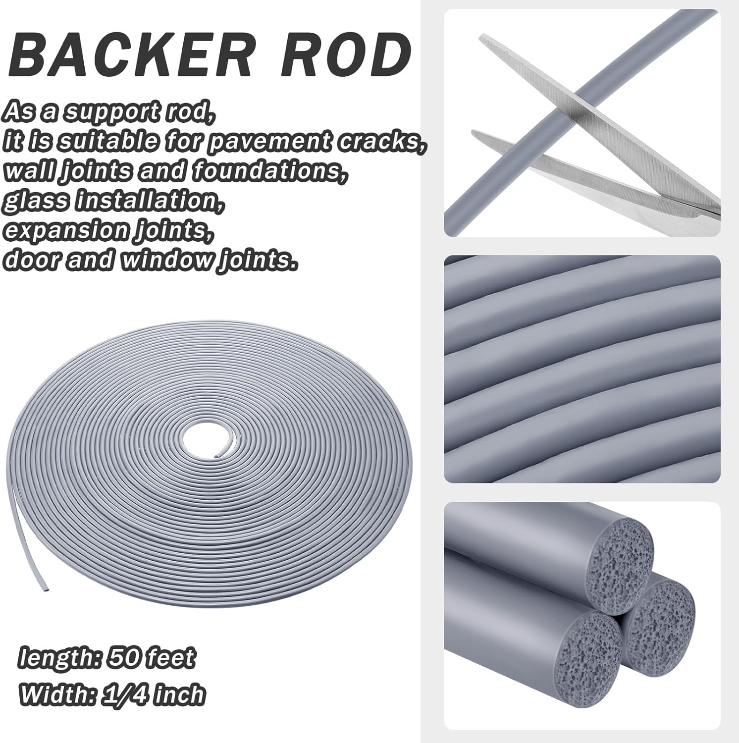 Backer Rod – Sello de espuma de goma para calafateo para juntas de expansión, para espacios y juntas (gris, 14 pulgadas x 50 pies)