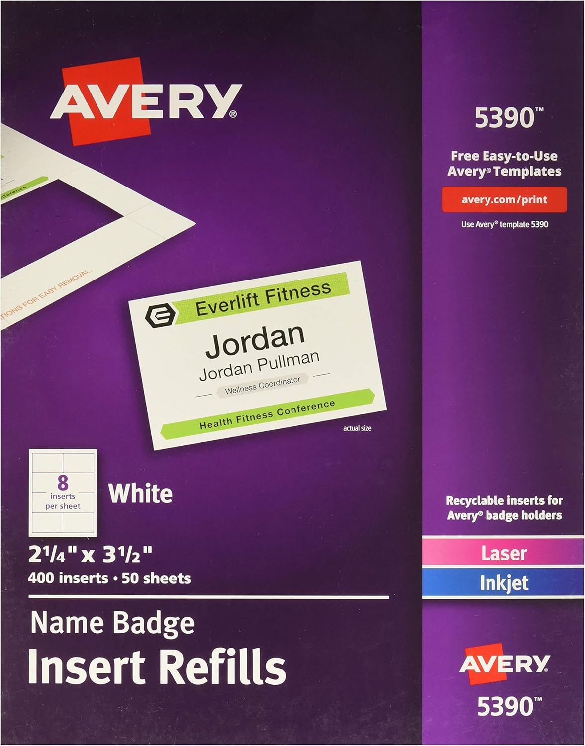 Avery Insertos personalizables para insignias de nombre, 2.25 x 3.5 pulgadas, blanco, 400 etiquetas de nombre imprimibles (5390) (paquete de 5)