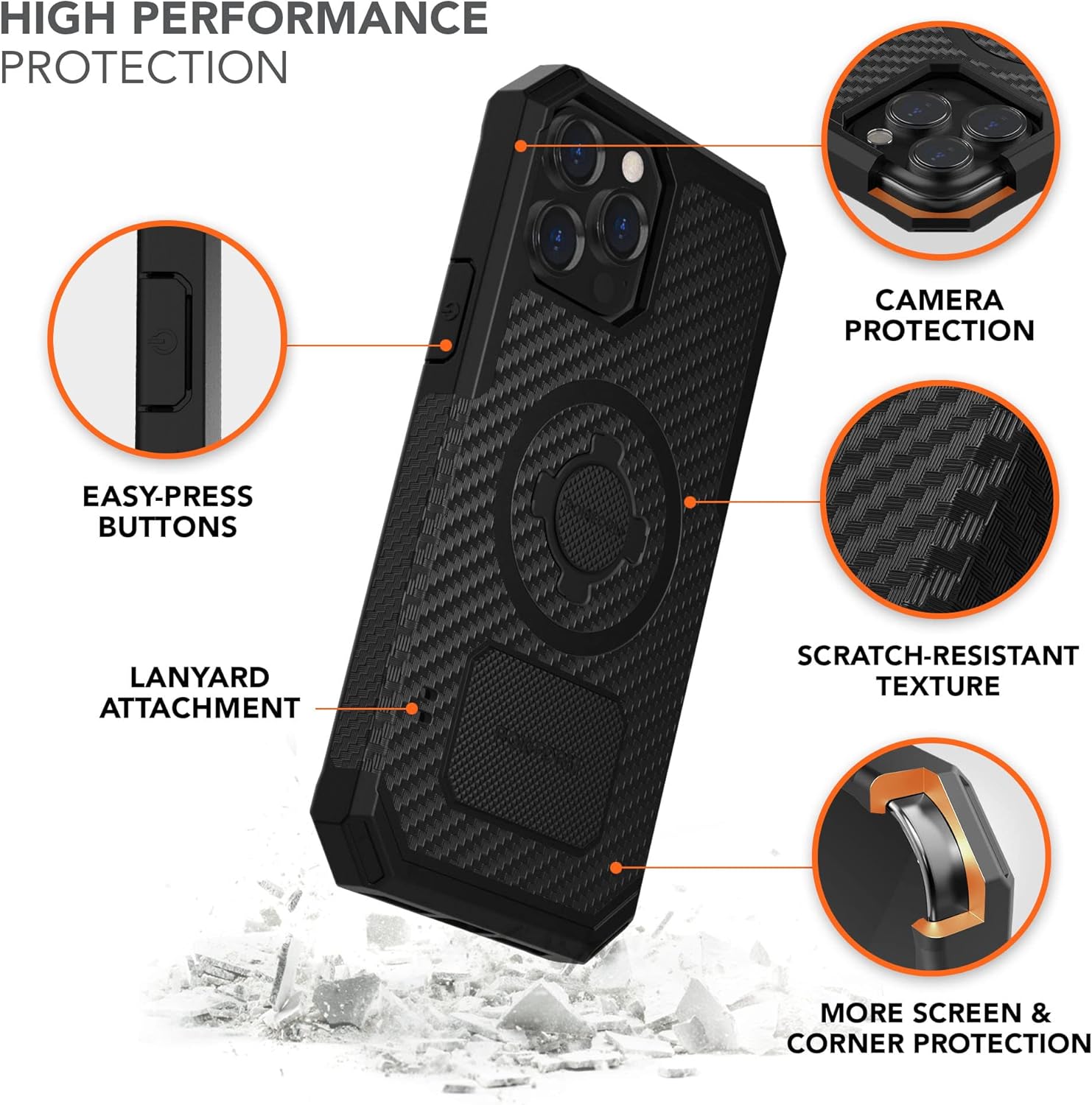 Rokform – Funda resistente para iPhone 13 Pro Max + soporte de teléfono para manillar de motocicleta (negro)