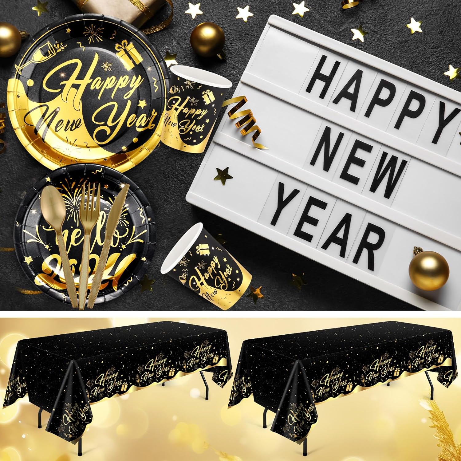 Yaomiao Juego de vajilla desechable de 146 piezas de feliz año nuevo 2024, suministros de fiesta de Año Nuevo, mantel desechable, taza de papel,