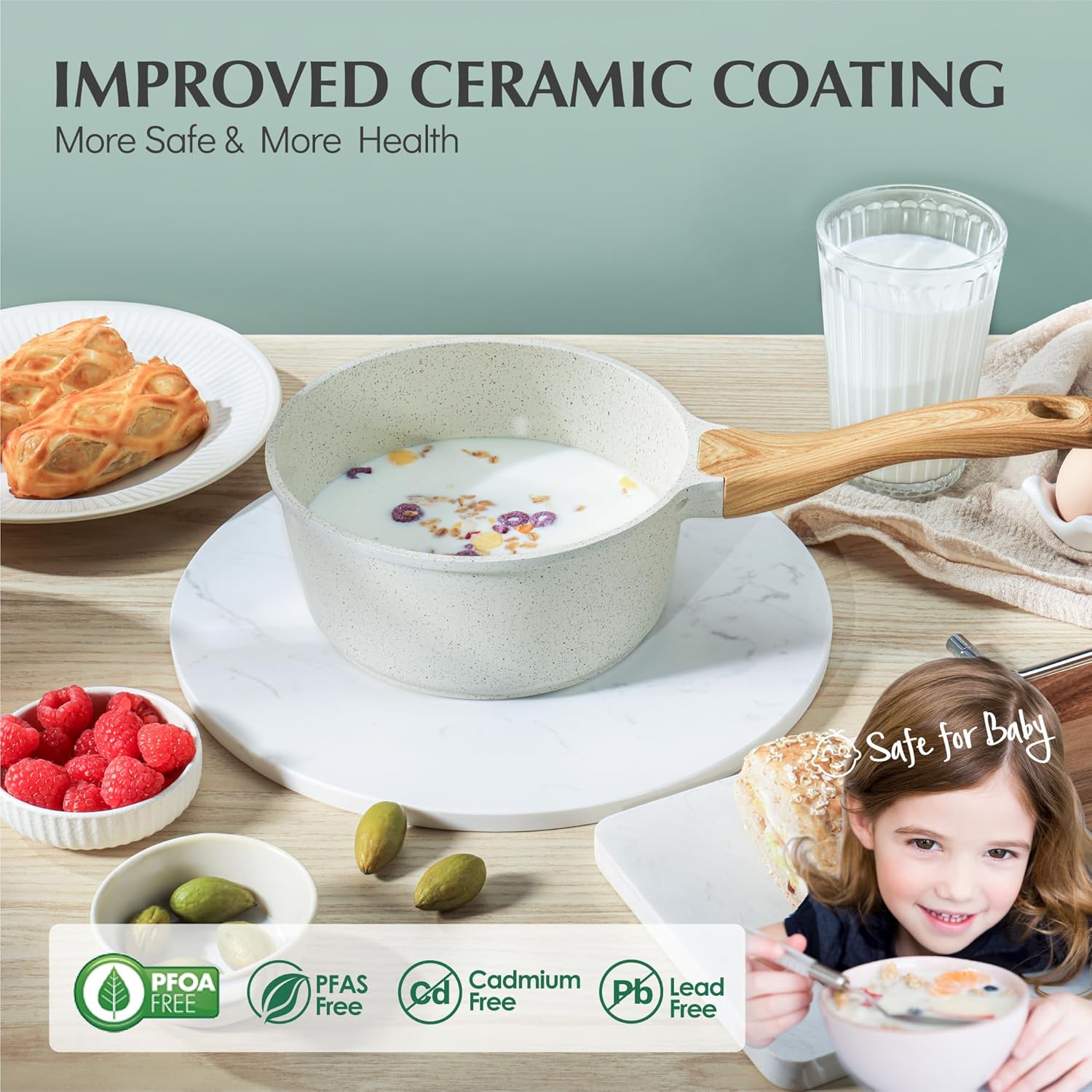 SENSARTE Cacerola antiadherente de cerámica blanca con tapa, juego de 2+2.5 cuartos de galón, olla mediana con mango Stay Cool, cacerola compatible
