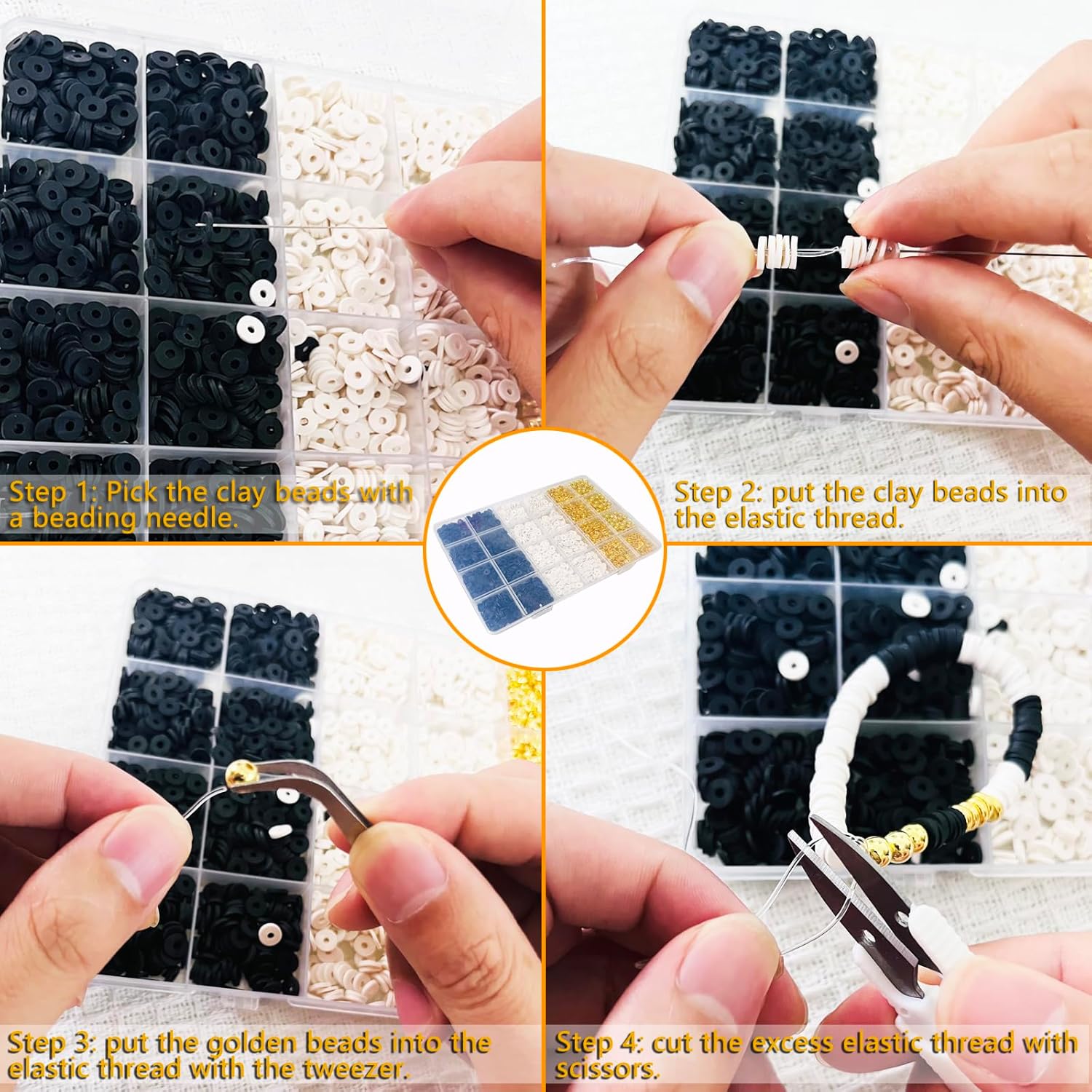 WEUOPG Kit de fabricación de pulseras para niñas, cuentas de arcilla para hacer pulseras, kit de cuentas de arcilla blanca y negra, cuentas doradas