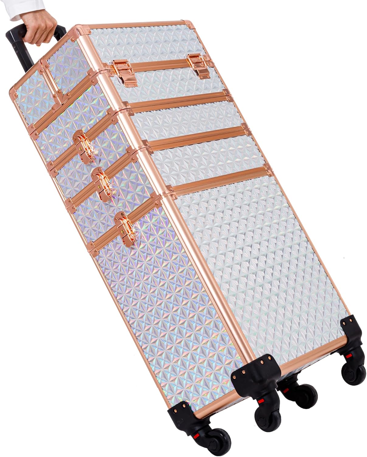 Estuche de maquillaje profesional 5 en 1, estuche de aluminio para cosméticos, estuche de maquillaje con ruedas giratorias de 360 , Blanco, Estuche