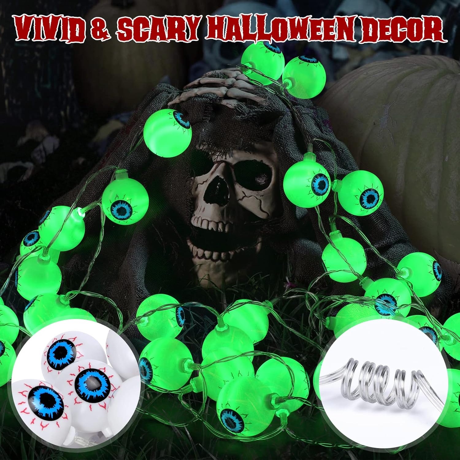 Decoraciones de Halloween de 19.7 pies, 40 luces LED de globo ocular con temporizador remoto funciona con pilas, 8 modos de luz, decoración de