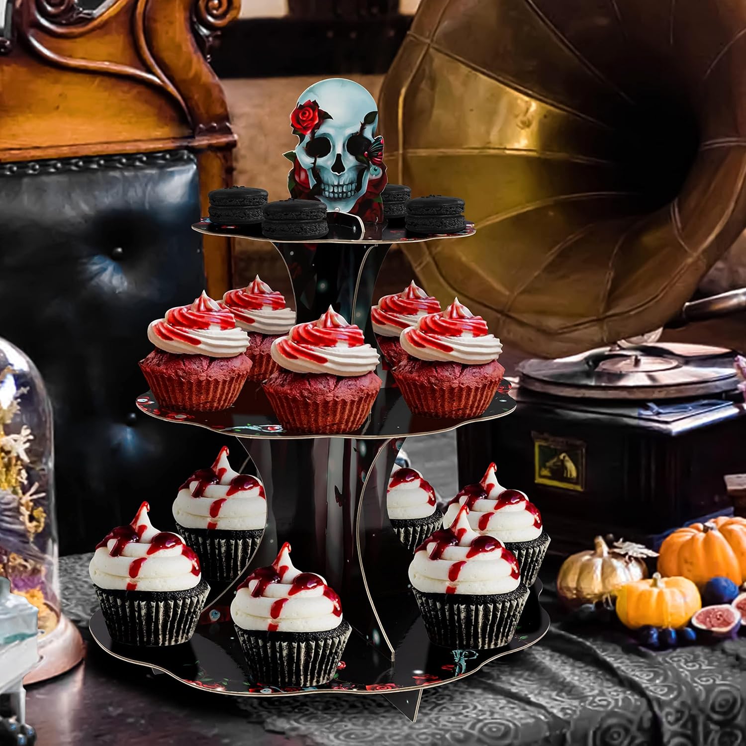 Cheerland Soporte gótico para cupcakes con diseño de calavera de rosa para decoración de fiesta de Halloween, decoración de mesa de esqueleto