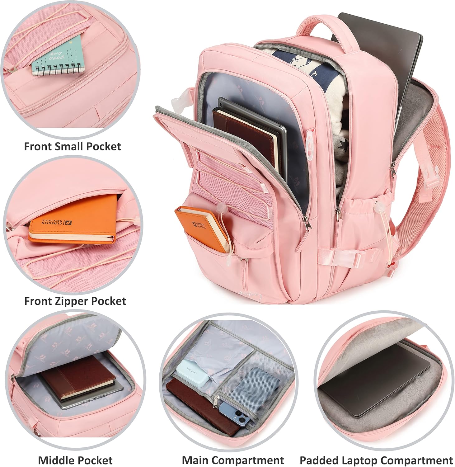 AO ALI VICTORY Mochila de viaje para mujeres y hombres, mochilas para laptop con puerto USB, mochila grande para escuela, universidad, Rosado,