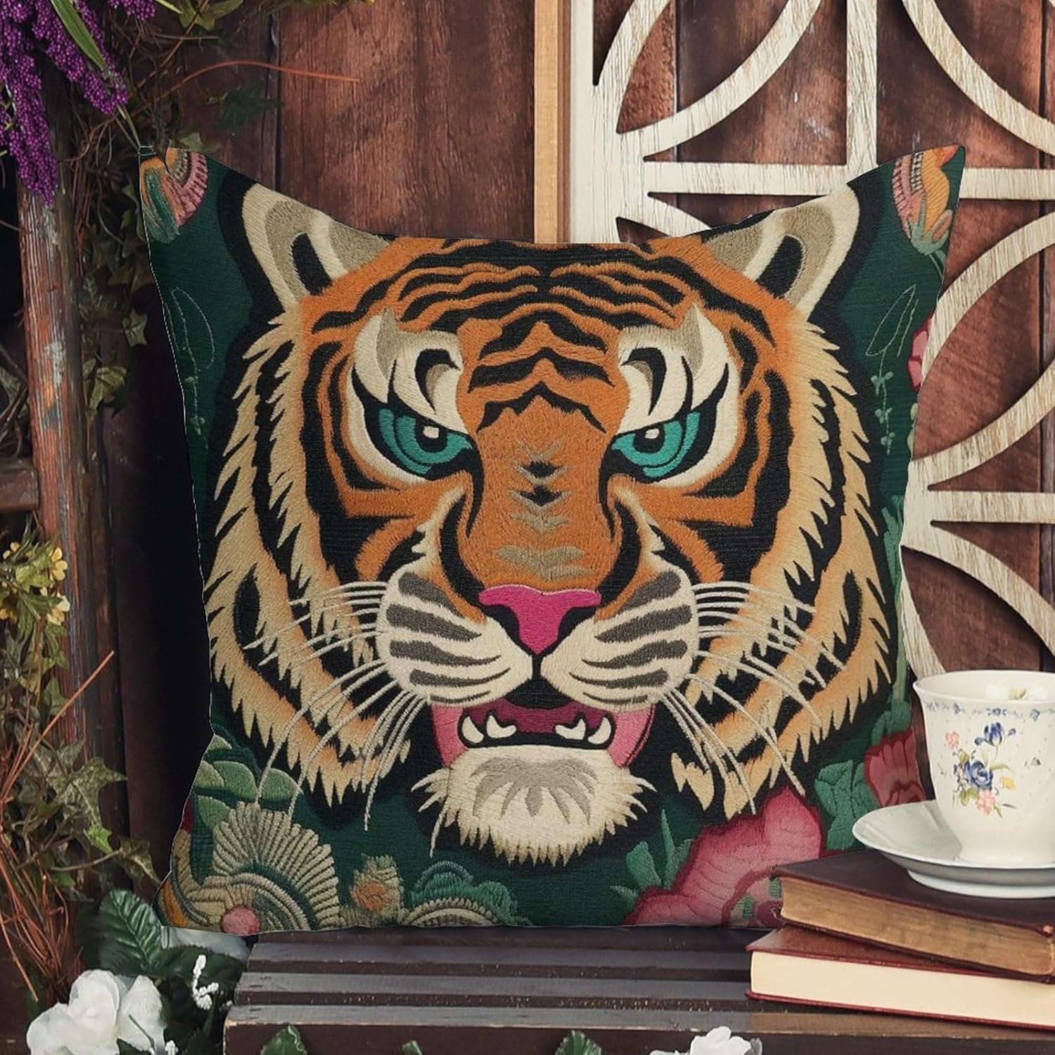 Funda de almohada con estampado de tigre, color rosa, verde y turquesa, negro, funda de almohada colorida de animales chinoiserie, 18 x 18 pulgadas,