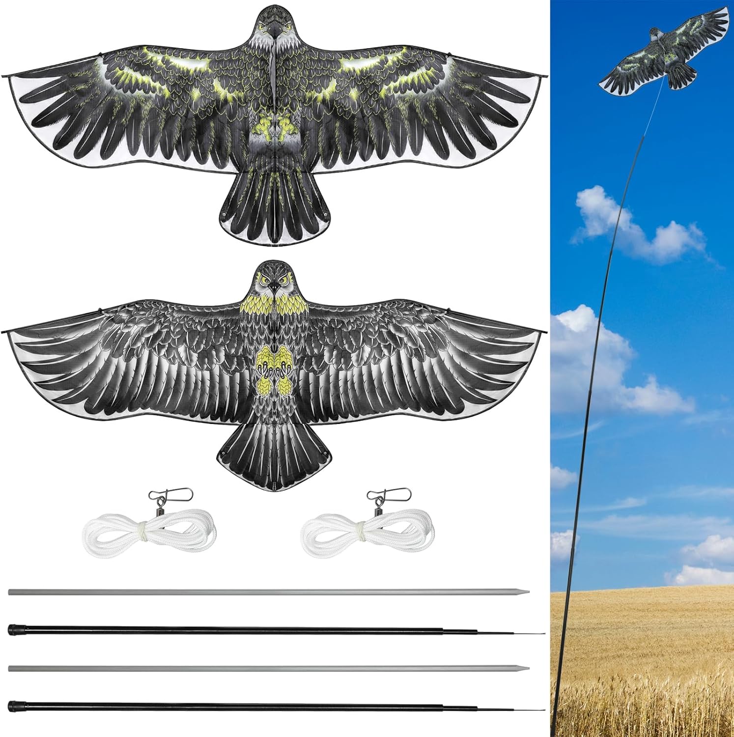 2 juegos de águila asustadora de pájaros, cometa voladora para pájaros, agricultura, protector de granja, dispositivo de miedo de águila simulada