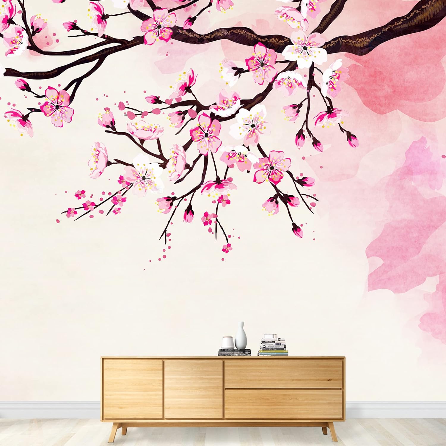 wall26 – Mural de pared grande – Flores de cerezo florecientes en la rama con fondo abstracto  Papel pintado de vinilo autoadheribledecoración para