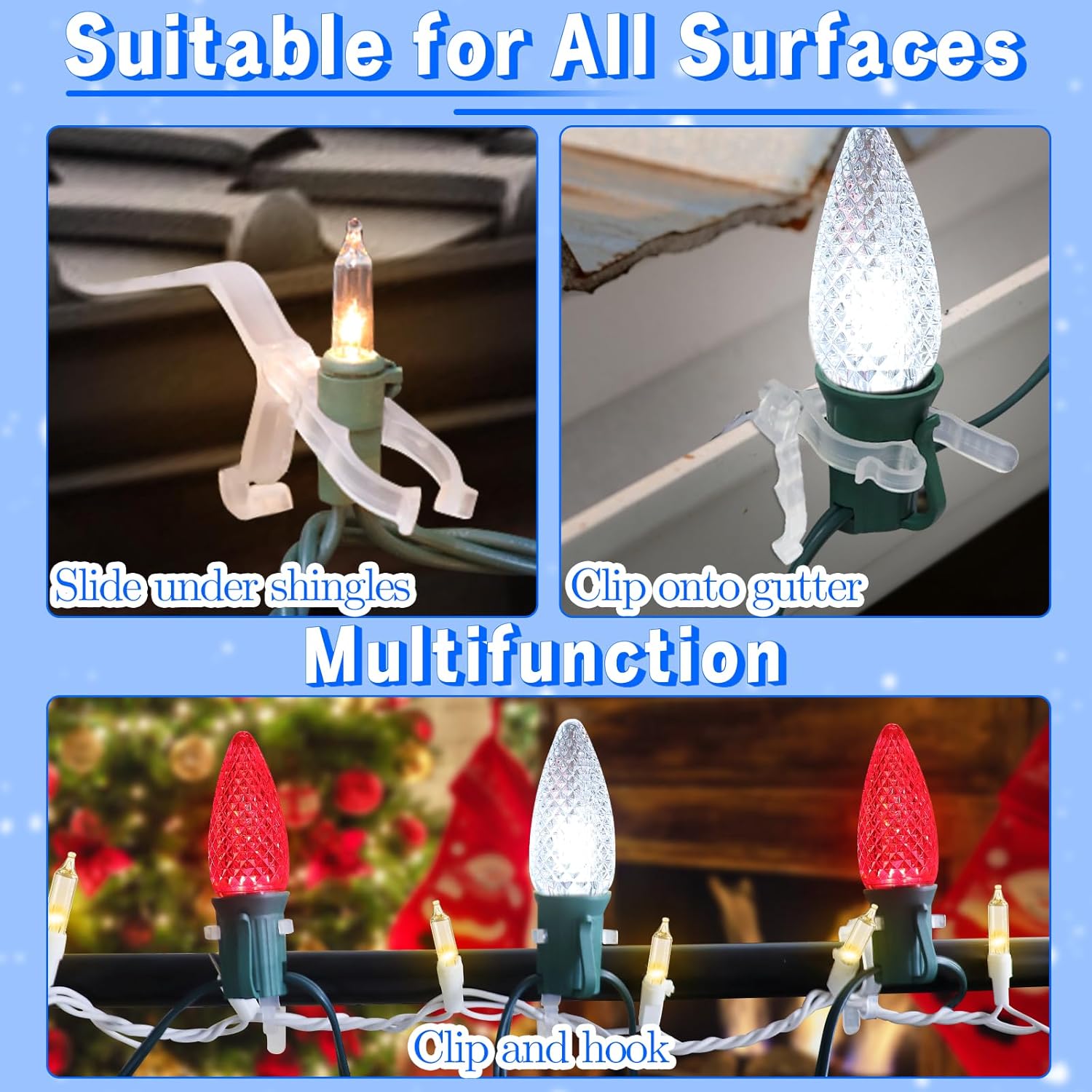 Clips de luz de Navidad multiusos, clips de luz navideños para luces C7 y mini, clips de luz de vacaciones para interiores y exteriores, paquete de