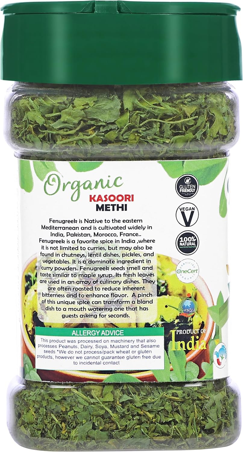 Rani Hojas de fenogreco orgánicas secas (Kasoori Methi) 1 oz (28 g) Tarro PET  Todo natural  Vegano  Apto para gluten  Sin OMG  Origen indio