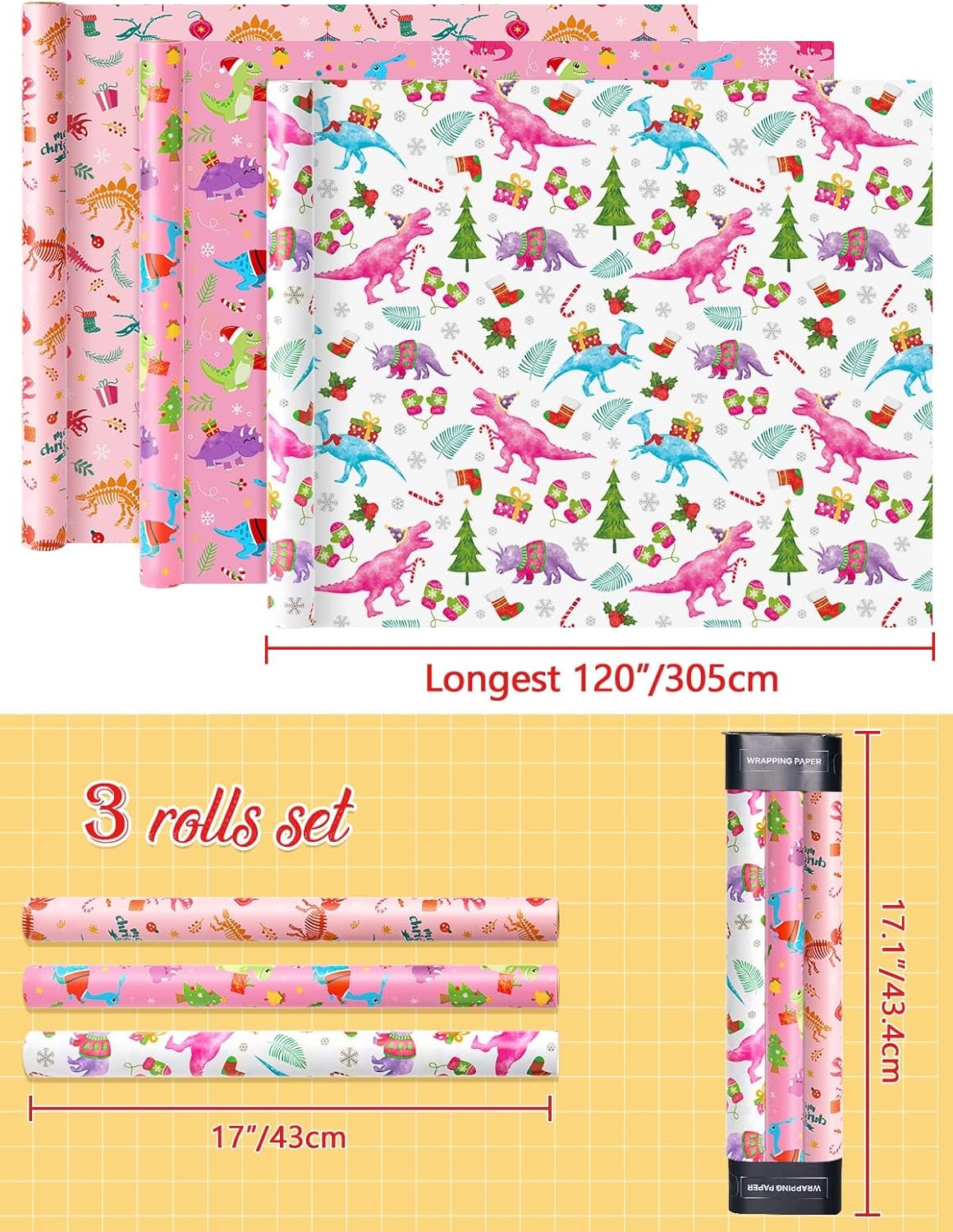 Rollos de papel de regalo de Navidad de dinosaurios, 3 rollos de papel de regalo de dinosaurio rosa de 17 x 120 pulgadas, papel de regalo de